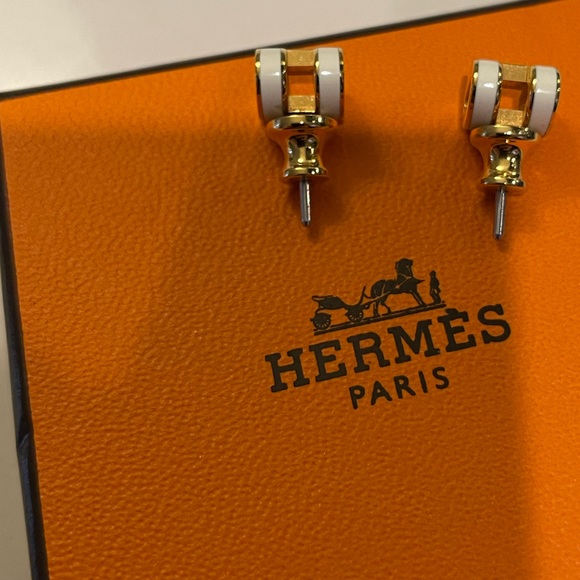 HERMES Mini H Pop Earrings (Blanc / Yellow Gold Plated) - Excellent Condition - Picture 3 of 6